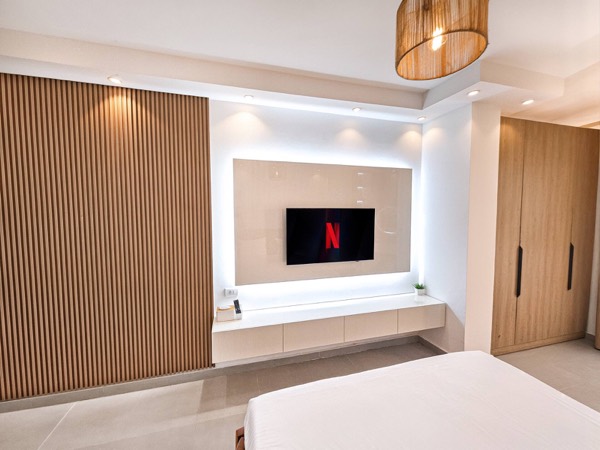 TV wall with wood slats